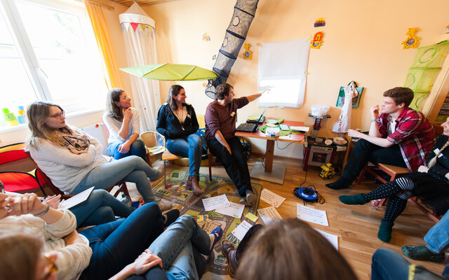 Eine Gruppe von Menschen sitzt in einem hellen, gemütlichen Raum im Kreis. Der Raum hat eine spielerische Einrichtung mit Elementen wie einem Kinderzelt und einer Rutsche, was auf eine kreative oder kinderfreundliche Umgebung hindeutet. Eine Person vorne zeigt mit einem Zeigestab auf ein Flipchart oder eine Leinwand, während die anderen aufmerksam zuhören und diskutieren. Auf dem Boden liegen beschriftete Papiere und Notizen, die Teil der Präsentation oder Diskussion zu sein scheinen. Die Atmosphäre wirkt konzentriert und interaktiv.